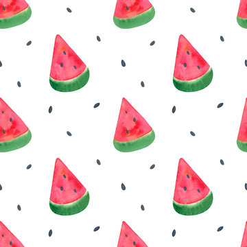Watercolor seamless pattern with watermelon slice on white background. Fresh summer watermelon background for textile, covers, stationary, school supplies, fabric. Pink, red, green colors.