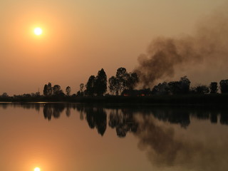  silhouette tree in asia with sunset.Tree silhouetted against a setting sun.Dark tree on open field dramatic sunrise and reflection in water.