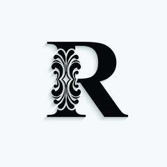 letter R. Vintage black flower ornament initial letters.  Alphabet with shadow. Logo vector 