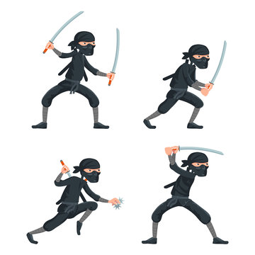 Ninja japanese secret assassin cartoon characters set vector illustration