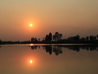  silhouette tree in asia with sunset.Tree silhouetted against a setting sun.Dark tree on open field dramatic sunrise and reflection in water.