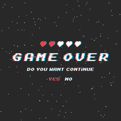 Game over vector pixel background, texture damage. Effect glitch error with text. Game design. Final scene.