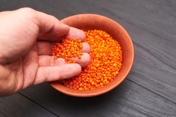 lentil grains in a male hand in a plate on a black wooden background.