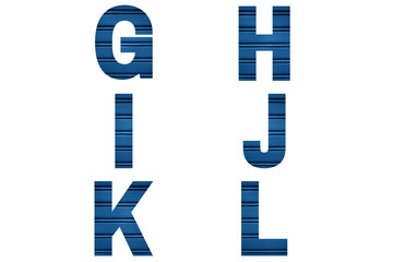 Blue font Alphabet g,h,i,j,k,l made of blue painted shutter or roller blind. Bright alphabet.