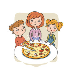 Children eat pizza