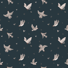 Beautiful vector seamless pattern with cute hand drawn monochrome grey birds and stars. Baby stock illustration.