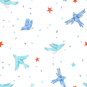 Beautiful vector seamless pattern with cute hand drawn blue birds and red stars. Baby stock illustration.