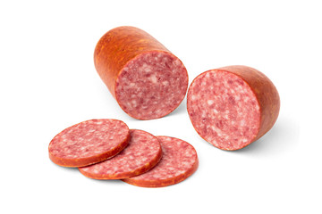Smoked sausage isolated on white background.