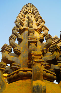 Jejuri, Pune, Maharashtra January 19, 2020. Deepstambh (light pillar) dipmala in black stone. Closeup of light pillor known as deepstambh