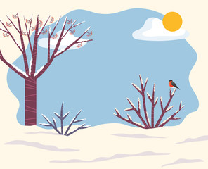 Landscape scenery in winter, weather conditions in wintertime. Snowy ground, trees and bushes. Bullfinch sitting on twig. Seasonal climate in rural area or countrysides. Vector in flat style