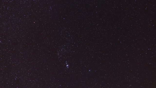 4K Video Time Lapse Of Constellation Orion With Visible Stars Betelgeuse And Rigel. Orion Nebula And Flame Nebula And Rosette Nebula. Messier 42 And Alnitak,  Alnilam, Mintaka Star