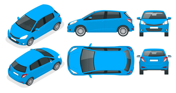 Subcompact blue hatchback car. Compact Hybrid Vehicle. Eco-friendly hi-tech auto. Easy color change. Template isolated on white view front, rear, side, top and isometric