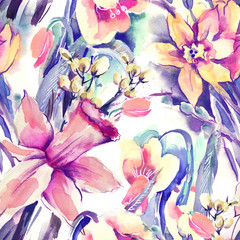 Seamless Pattern with Spring Flowers.Watercolor Background.