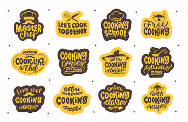 Let's cook. Set of vintage retro hand drawn badges, labels and logo elements, symbols, phrases