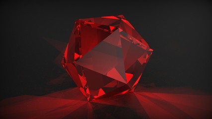 Red crystal isolated on dark background. 3D render