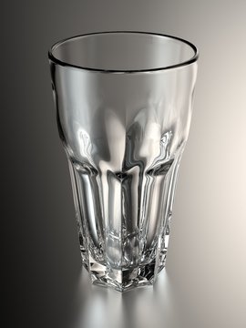 Empty transparent glass Pokal isolated on a black gradient background with reflections. 3D render