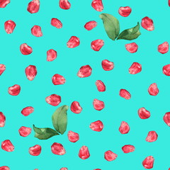Pomegranate seeds on a turquoise background 2. Seamless pattern. Watercolor painting