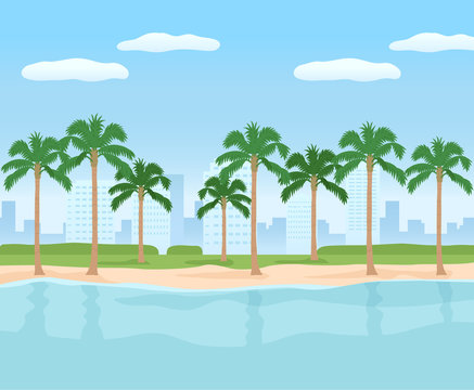 リゾート地のやしの木と海と青空の背景イラスト