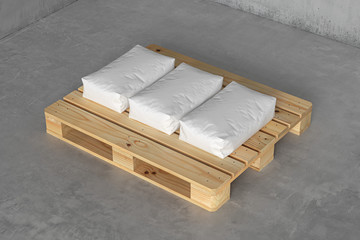 Three white sacks bags on a pallet. 3d render