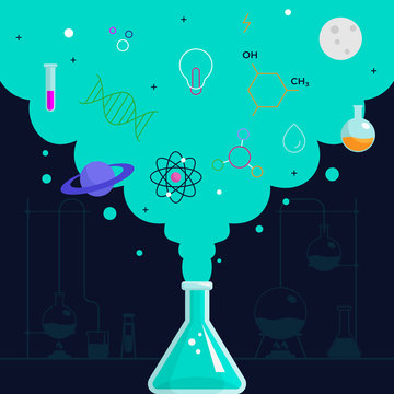 Chemical reaction smoke out form beaker glass with science knowledge stuff icon vector illustration