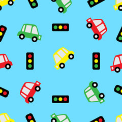 Seamless Pattern With Cute Colorful Baby Car Toys And Traffic Light