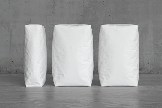 White sacks on the concrete floor. 3d render