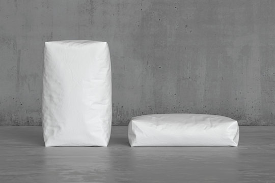 White sacks on the concrete floor. 3d render