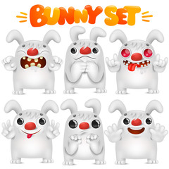 Cute white bunny cartoon emoji character in various emotions situations collection
