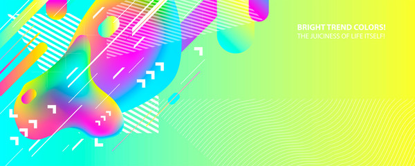 Bright juicy summer abstract fluid creative banner, trendy bright neon colors with dynamic lines