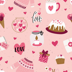 Valentine's day seamless pattern design for fabric, kids product, textile, stationery, wallpaper. Repeating pattern with hearts, clipart scandinavian style valentines day illustrations