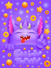 Fototapeta na wymiar Birthday greeting card with cartoon emoji purple monster character