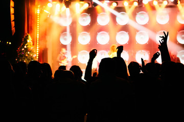 silhouettes of concert crowd in front of bright stage lights