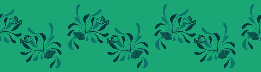 A seaweed fish an shells vector border print in green color. Underwater themed surface print design. Great for cards and posters. Can be repeated seamlesly to use as a pattern. © rysunki.malunki