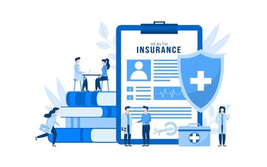 Health insurance vector illustration concept isolated. Huge health insurance form on clipboard. People patients and doctors with first aid kit, stethoscope, xray in medical clinic, hospital.