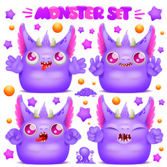 Cute purple emoji cartoon monster character in various emotions