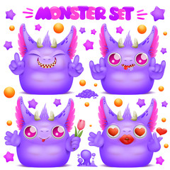 Cute purple emoji cartoon monster character in various emotions