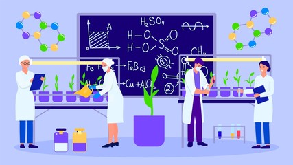 Science laboratory and people growing plants, vector illustration. Colleagues scientists team cares for sprouts, watering liquid from can. Blackboard with chemical formulas.