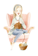 Hand painted watercolor illustration - blond girl knitting in a pink chair. Brown basket full of yarn ball standing near. Picture is in light soft color scheme.