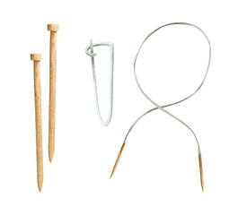 Hand painted watercolor illustration - different types of needles and crochet.