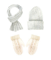 Hand painted watercolor illustration - knitted scarf, hat and mittens in soft grey and beige colors.  Decorated with green brunches.