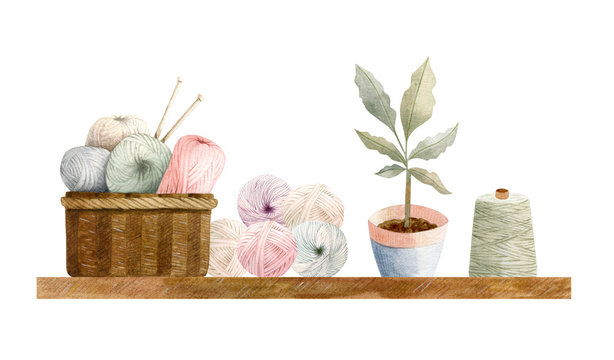 Hand painted watercolor winter cosy composition - brawn basket with yarn balls (wool) with needles and plant on a shelf.