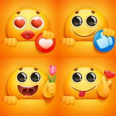 Set of yellow smiley face emoji characters in various emotions and situations