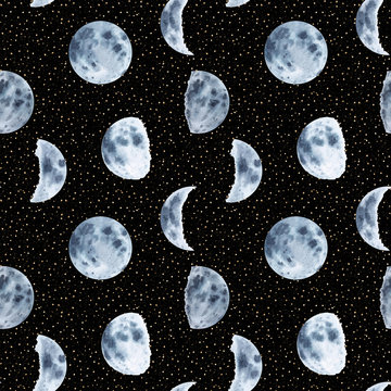 Watercolor hand drawn moon phases seamless pattern isolated on black background witg gold dots like night sky. Space print for textile, wallpaper, wrapping paper, background, design etc.