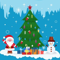 Christmas xmas new year holiday celebration card vector illustration. Santa claus, snowman, decorated christmas tree, gift boxes festive greeting design banner web print.