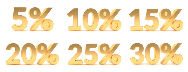 Gold 5, 10, 15, 20, 25, 30 percent discount sale promotion. 5%, 10%, 15%, 20%, 25%, 30% discount isolated on white background