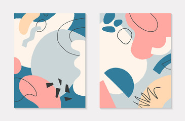 Set of modern vector collages with hand drawn organic shapes and textures in pastel colors.Trendy contemporary design perfect for prints,flyers,banners,invitations,branding design,covers and more