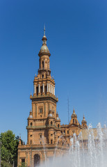 Fountain and tower on the Plaza Espana in Sevilla, Spain