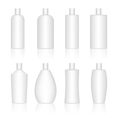 Cosmetic plastic bottle set. Skin care bottles for gel, liquid, lotion, cream, shampoo, bath foam. Vector illustration.