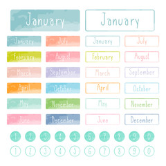 Handwritten months of the year with pastel color background and border. Calligraphy words and number for calendars. Colorful labels. Vector illustration. - obrazy, fototapety, plakaty