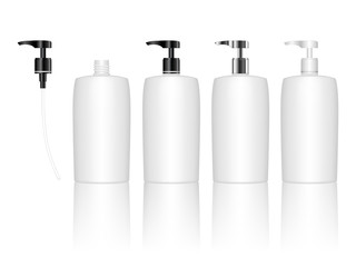 Cosmetic plastic bottle with dispenser pump. Skin care bottles for gel, liquid, lotion, cream, shampoo, bath foam. Beauty product package, vector illustration.